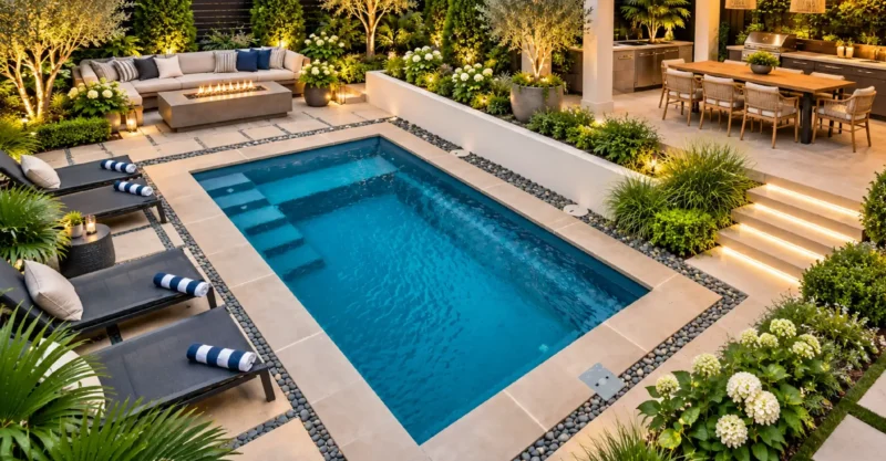 The Aurora rectangular fiberglass backyard swimming pool design